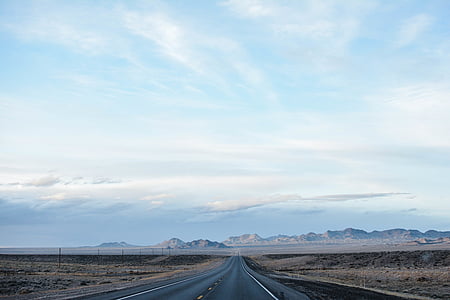 desert, fog, highway, landscape, outdoors, perspective, road