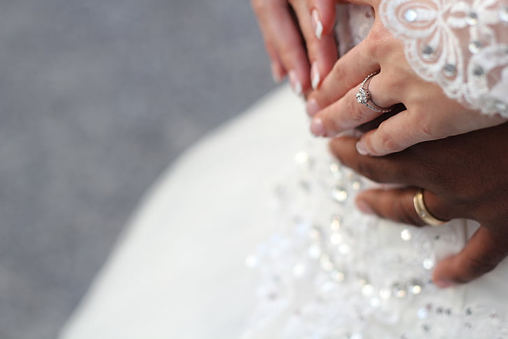 núvia, parella, mans, macro, matrimoni, anells, casament
