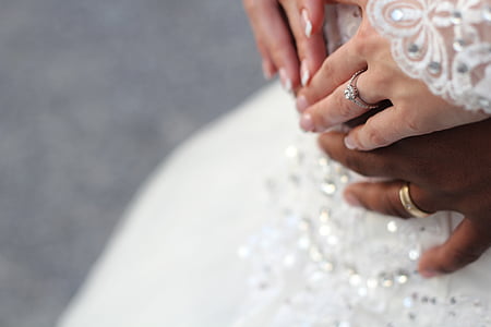 bruid, paar, handen, macro, huwelijk, ringen, bruiloft