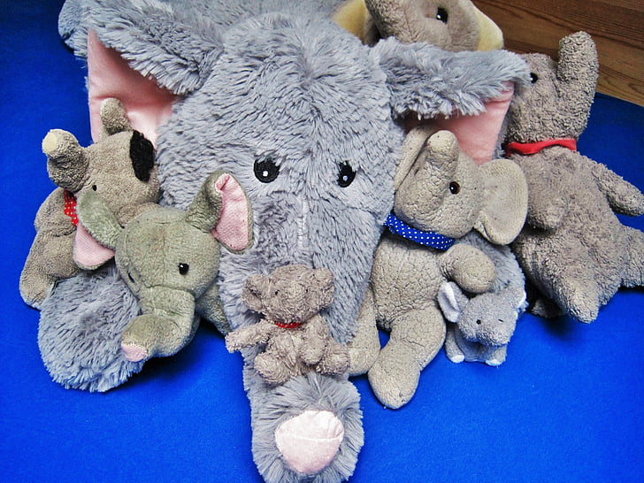 stuffed animals, favorite animals, elephant, many elephants, cuddly, soft toys, plush toys