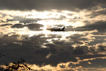 repülőgép, nap, megközelítés, repülő, Sky, felhő - ég, természet