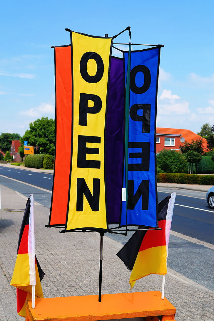 signs, turning, open, multi coloured, striking, business, invitation