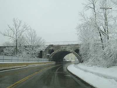 strada, drumul, iarna, Podul, congelate, alb, gri