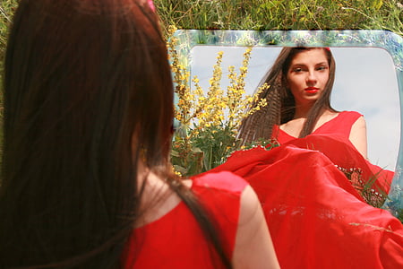 menina, espelho, vermelho, reflexão, Bom, retrato, batom vermelho