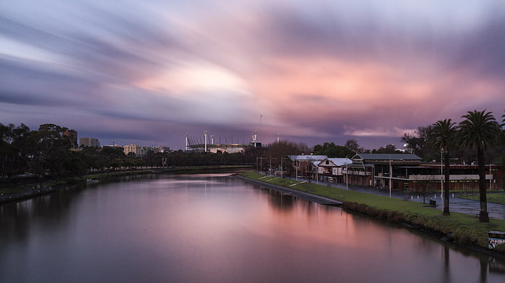 Západ slunce, Melbourne, Yarra, řeka, Austrálie, Victoria, obloha