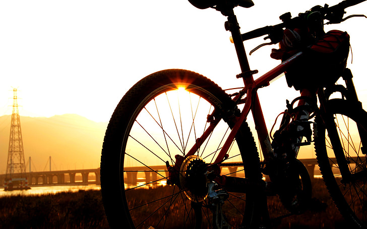 pôr do sol, sol, Jiang, Rio, bicicleta