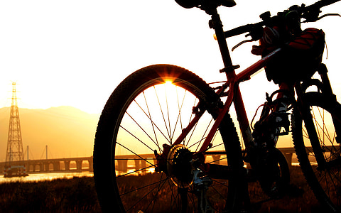 naplemente, nap, Jiang, folyó, kerékpár