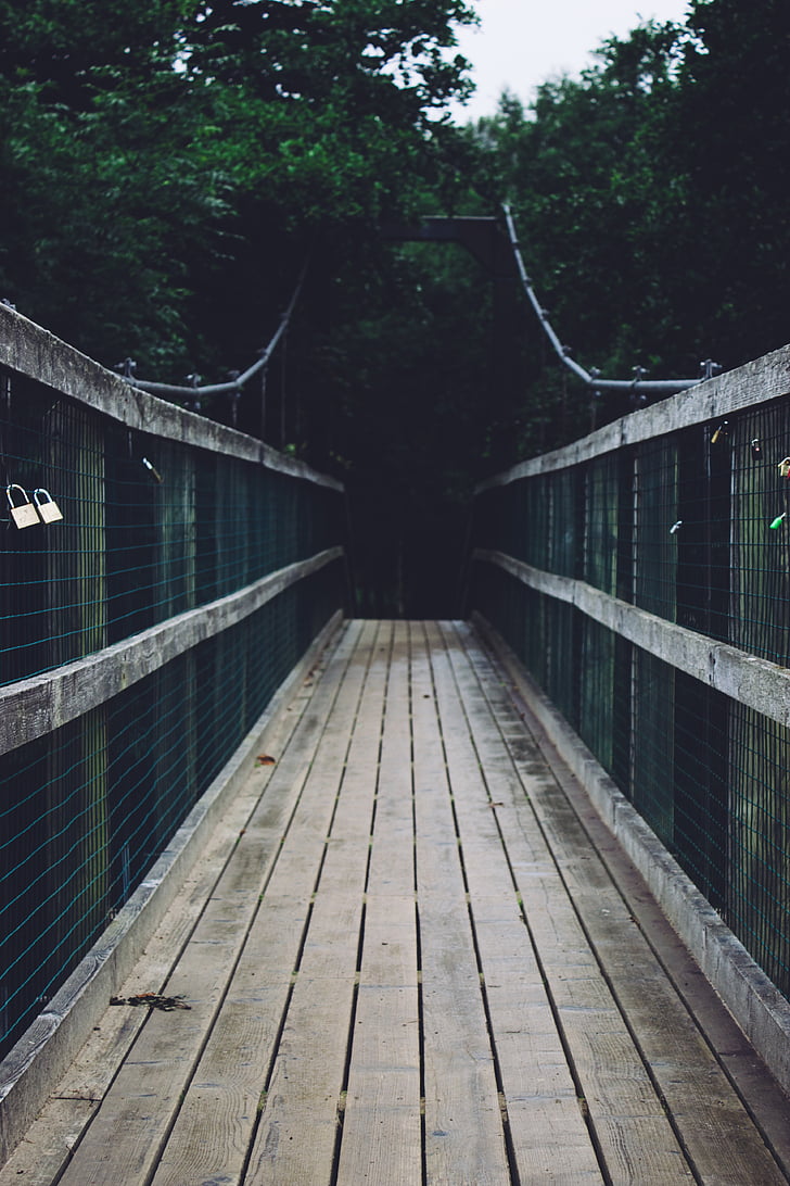 brown, wooden, bridge, pathway, wood, wire, lock