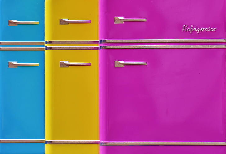 lemari es, gambar latar belakang, kaleng, permen botol, biru, kuning, merah muda