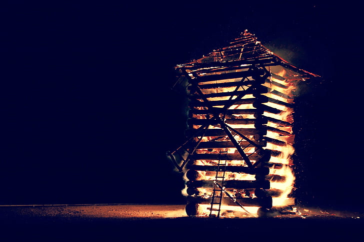 дървени, вятърна мелница, огън, нощ, дървен материал, пламъци, тъмно