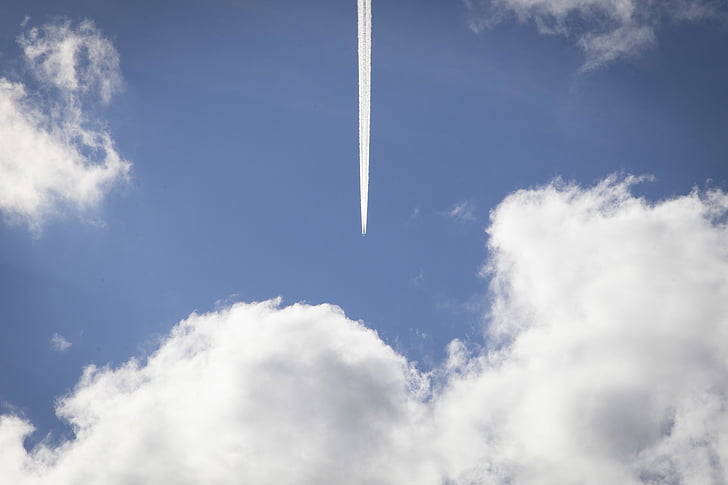 pesawat, awan, contrails, penerbangan, pesawat, langit, biru