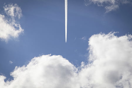 avión, nubes, estelas de vapor, vuelo, plano, cielo, azul
