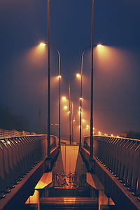 bridge, lampposts, lights, night, sky, street, street lamps