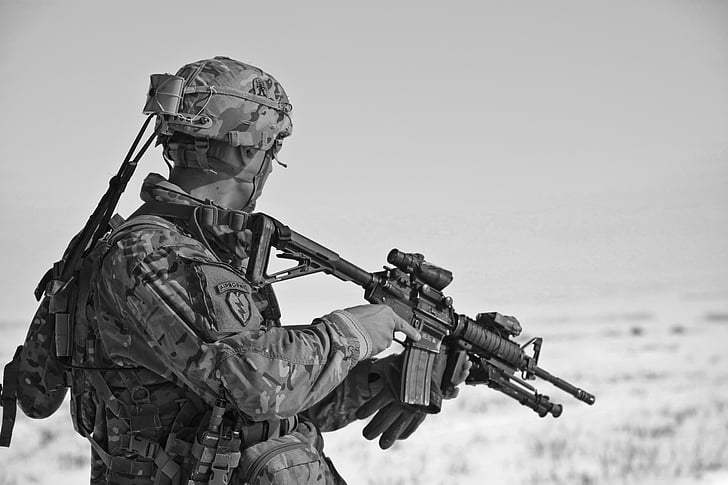 army, black-and-white, gun, military, person, soldier, suit