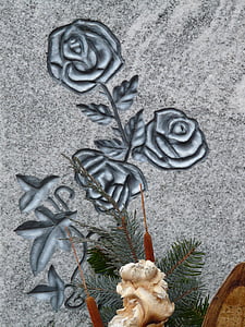 roses, tombstone, stone, chiseled, grave, flower, black and white