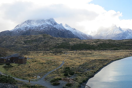 légi, nézet, hegyi, Torres del paine, Patagónia, Chile, táj