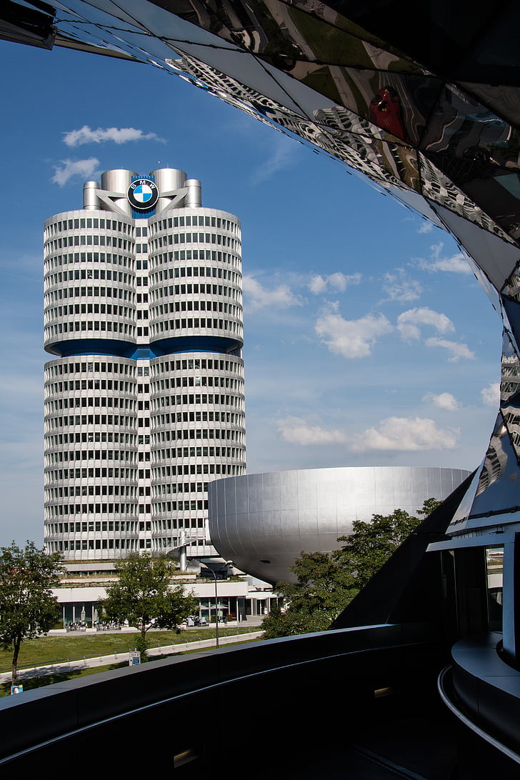 BMW pasaulio, BMW bokštas, Miunchenas, Architektūra, pastatas, mėlyna, balta