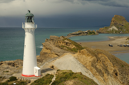 Nouvelle-Zélande, paysage, phare, structure, architecture, point de repère, plage