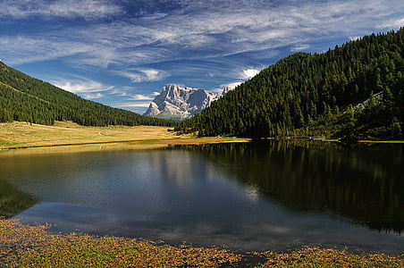 ドロミテ, 山, bergsee, アルパイン, 自然, 雲, イタリア