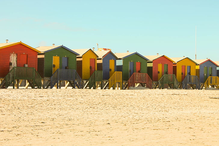 beach houses, beach, sand, summer, blue, red, yellow