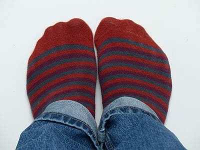 sokken, kousen, rood, geringd, Broek, voeten, Jeans