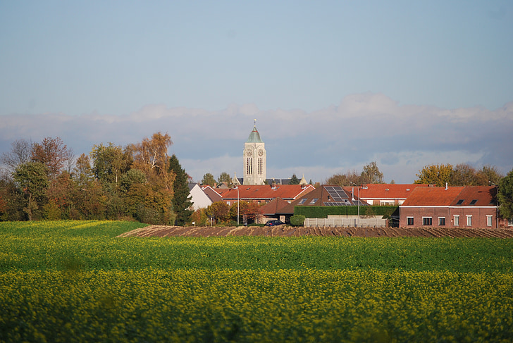 village, church, zemst, field, church building, panorama, nature