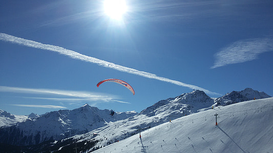 musim dingin, salju, paraglider, Ski, pegunungan, alam, olahraga