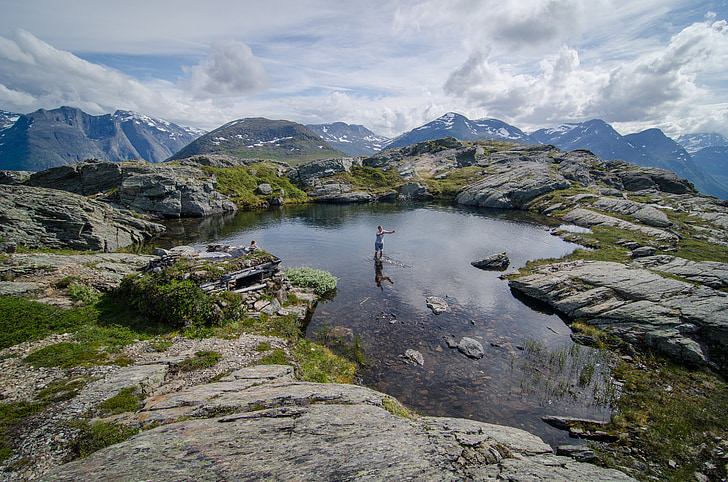 Norvegija, viršų, vandens, debesys, peizažas, kalnai, Rodyti