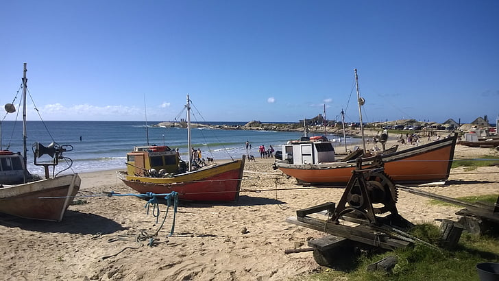 lodě, pláž, Uruguay, Punta del diablo, námořní plavidla, Já?, pobřeží