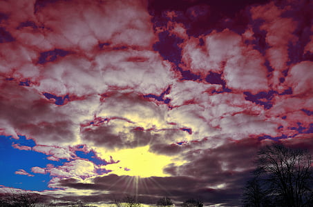 พระอาทิตย์ขึ้น, เมฆ, ท้องฟ้า, สีแดง, สีฟ้า, ธรรมชาติ, ตอนเช้า