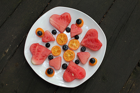 watermelon, blueberries, fruit, plate, white, wood, black