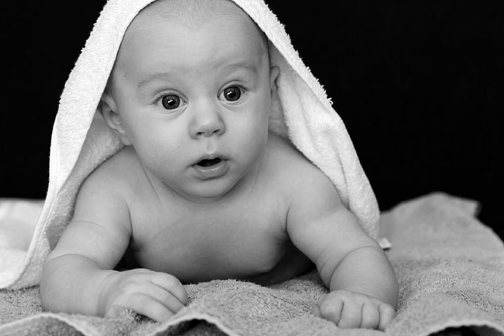 adorable, nadó, en blanc i negre, Manta, nen, coberta, valent