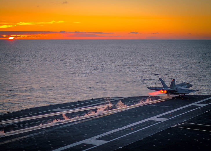 sunset, seascape, aircraft, jet, military, f-18, super hornet