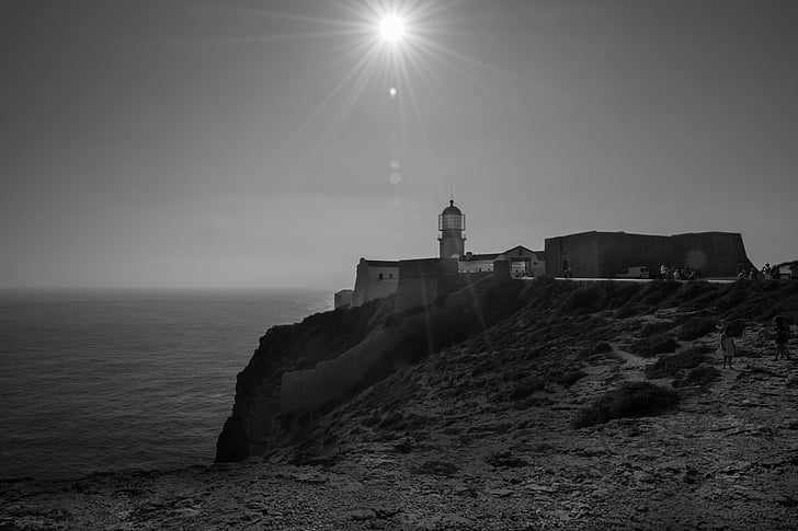 Lighthouse, majakas, kalju, rannikul, Ocean, kalda, päike