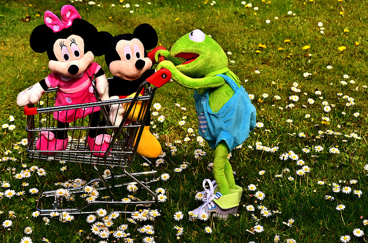 Kermit, sapo, rato Mickey, brinquedos de pelúcia, carrinho de compras, brinquedos, jogar