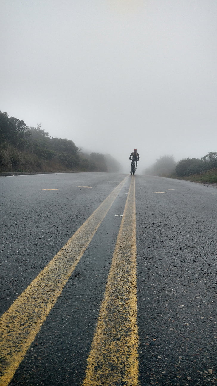 fog, road, mountain, bicycle, cloudy, nature, asphalt