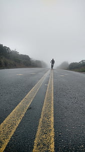 brouillard, route, montagne, vélo, nuageux, nature, asphalte