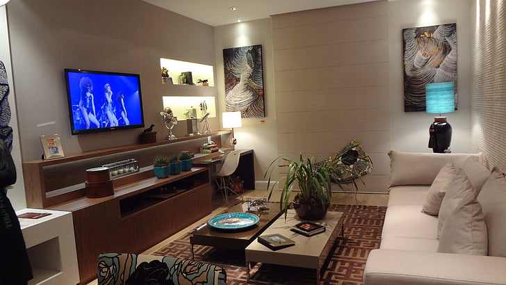 tv-stuen, tv, sofa, dekoration