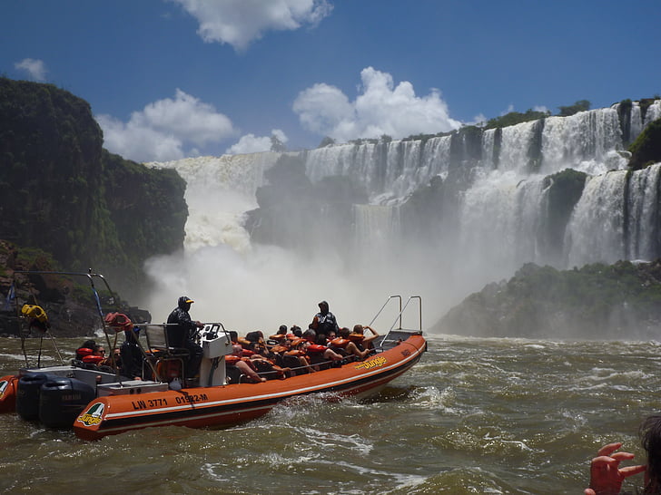 fällt, Wasserfall, Boot, Argentinien, Ausflugsschiff, Touristen, Wasser