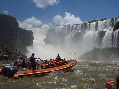 falls, waterfall, boat, argentina, tour boat, tourists, water
