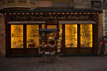 商店的橱窗, candlemaker, 姜饼制造商, 晚上, 圣诞灯, 因斯布鲁克, 小镇