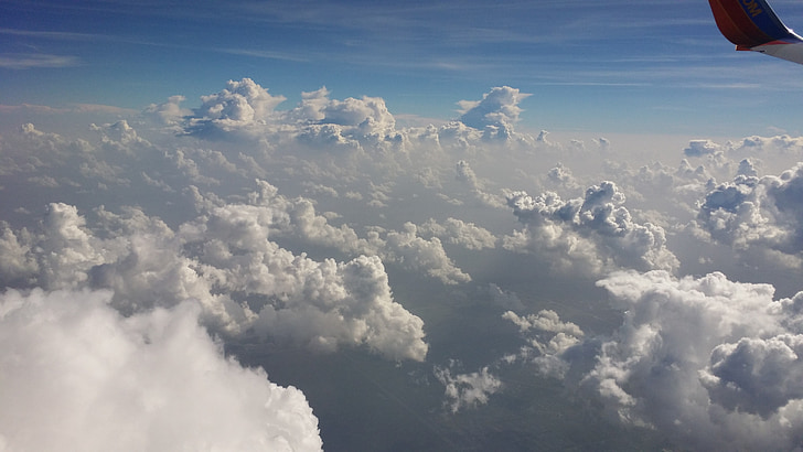 fluffy, white, clouds, airplane, view, sky