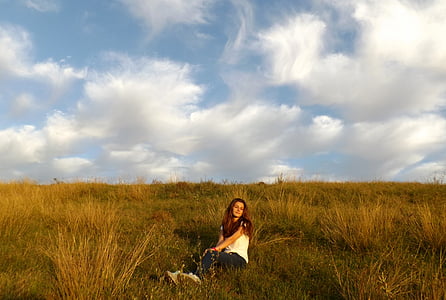 girl, cloud, grass, sky, autumn, beauty, meadow