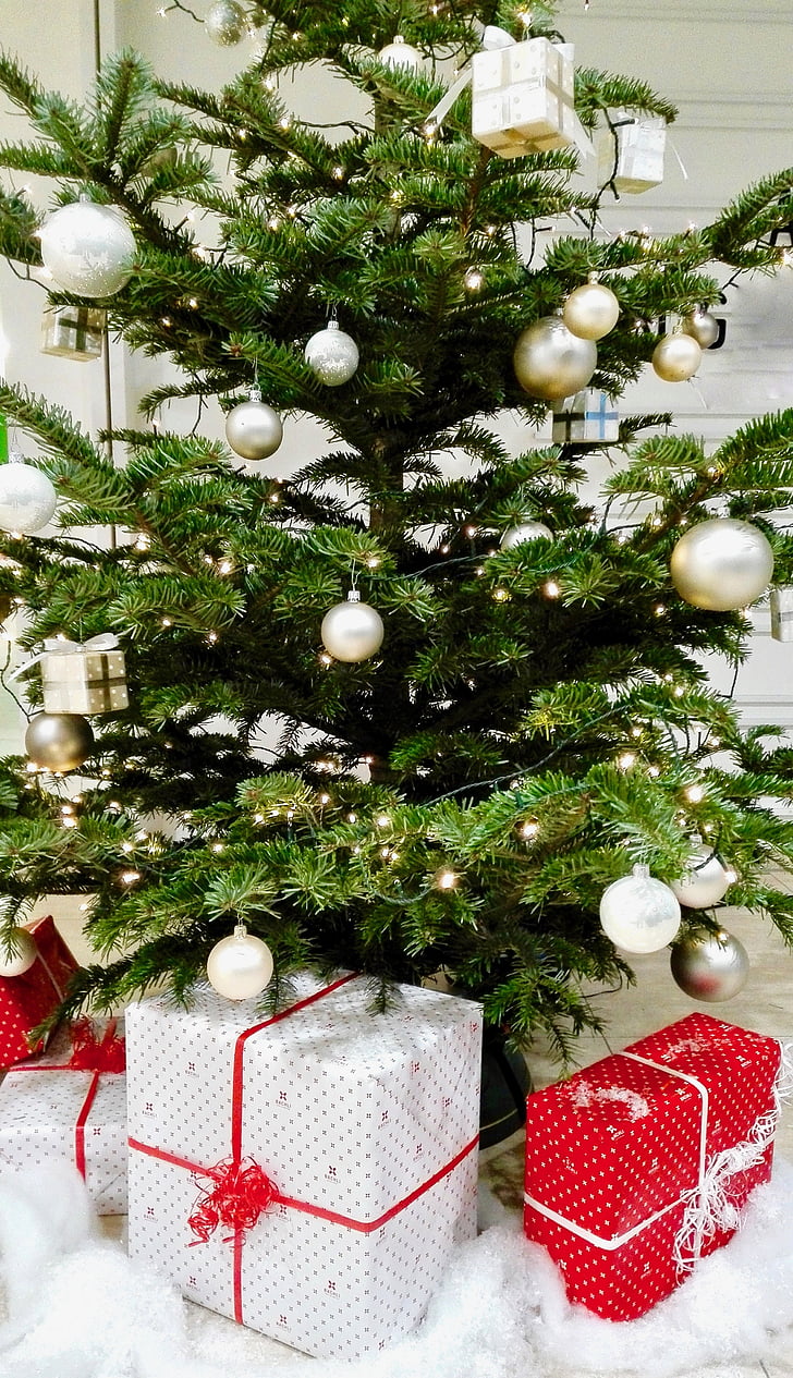 kerstboom, Kerst, gemaakt, geschenken, ballen, komst