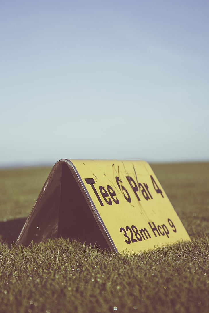 field, golf, golf course, golfing, grass, outdoors, sign