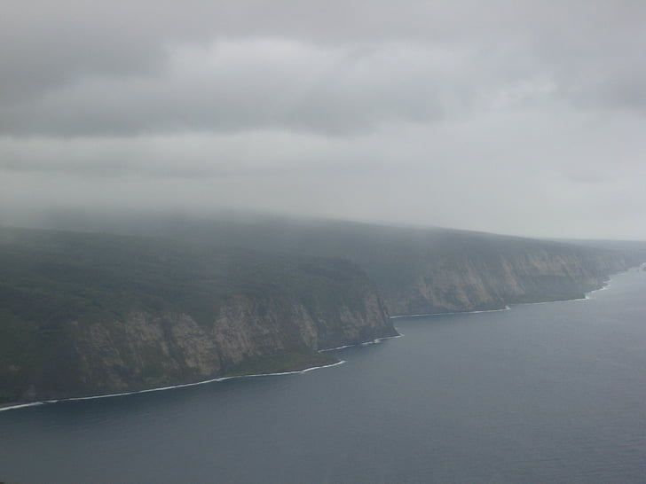 misty, mountain, cliff, ocean, clouds, outside, water