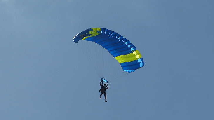 parachute, parachutist, sky, float, fly, blue, skydiving