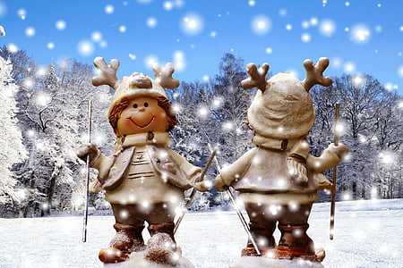 figures, l'hivern, neu, pistes d'esquí, divertit, Nadal, animal