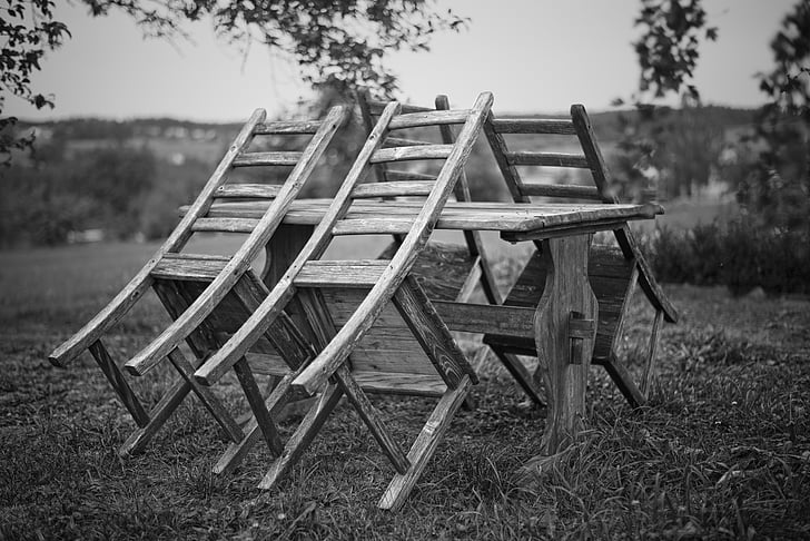 chairs, black and white, still life, garden, out, romantic, no people