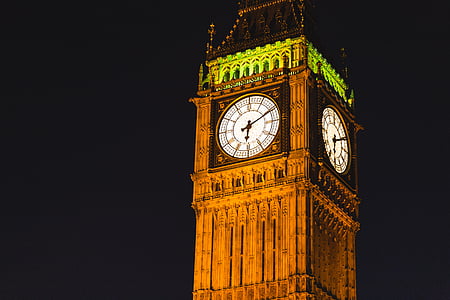 Big ben, kella, kellatorn, kuulsam maamärk, London, öö, aeg